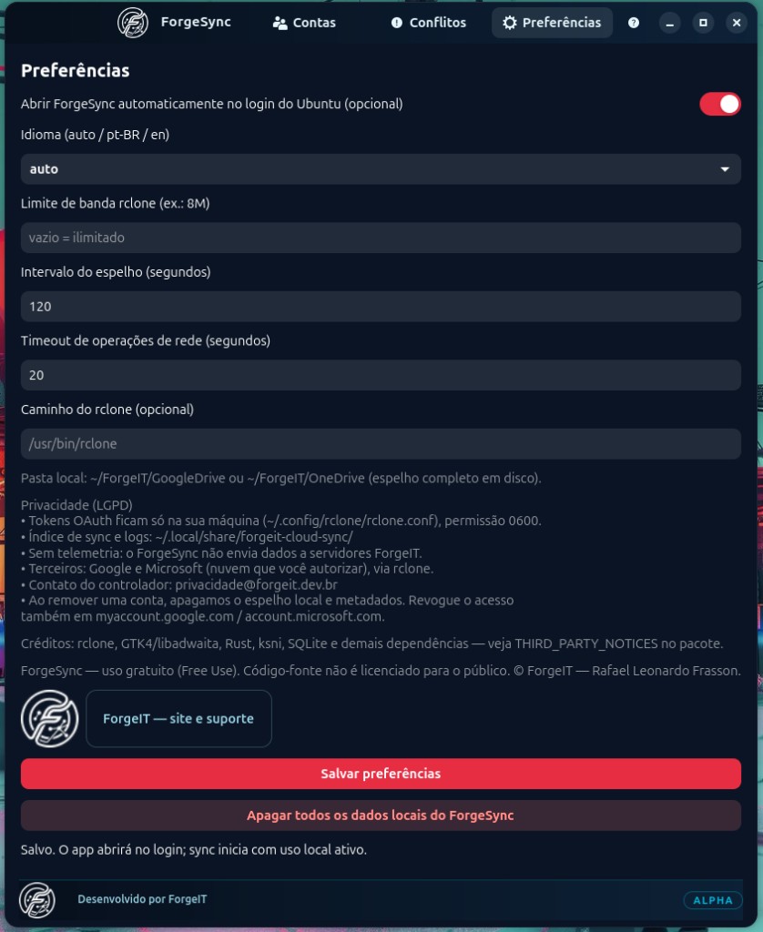ForgeSync — tela Preferências
