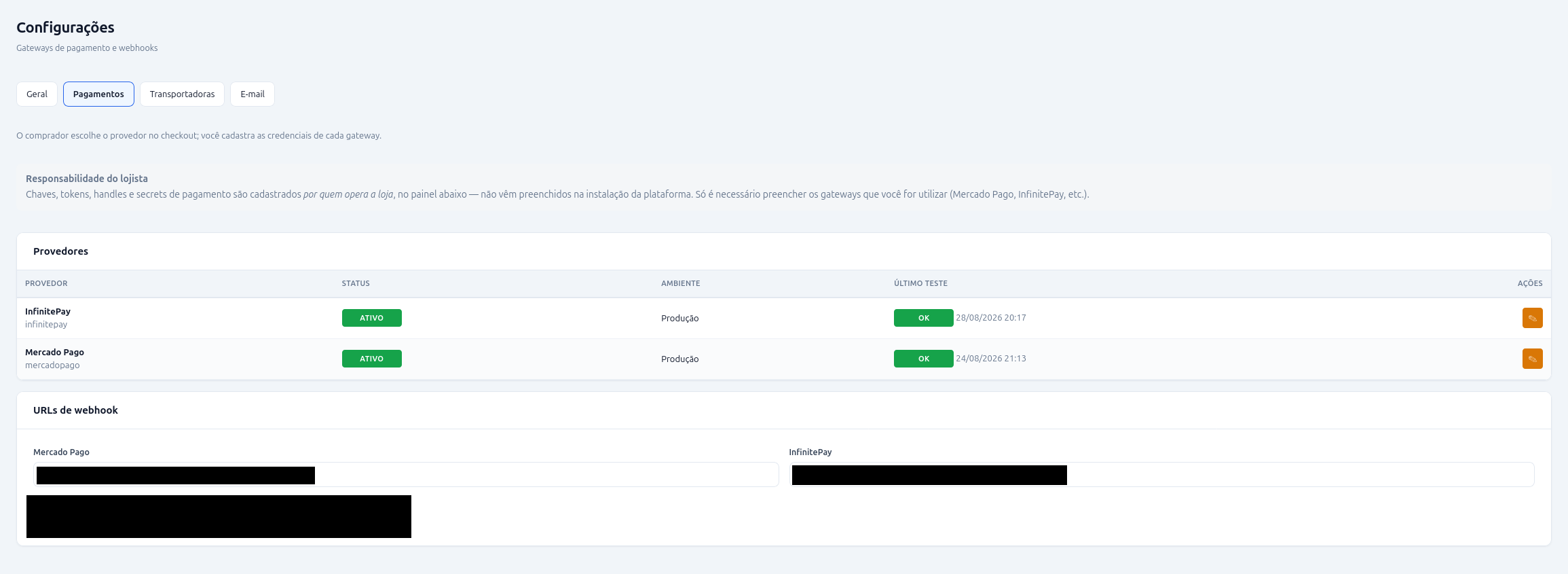 Configuração de meios de pagamento