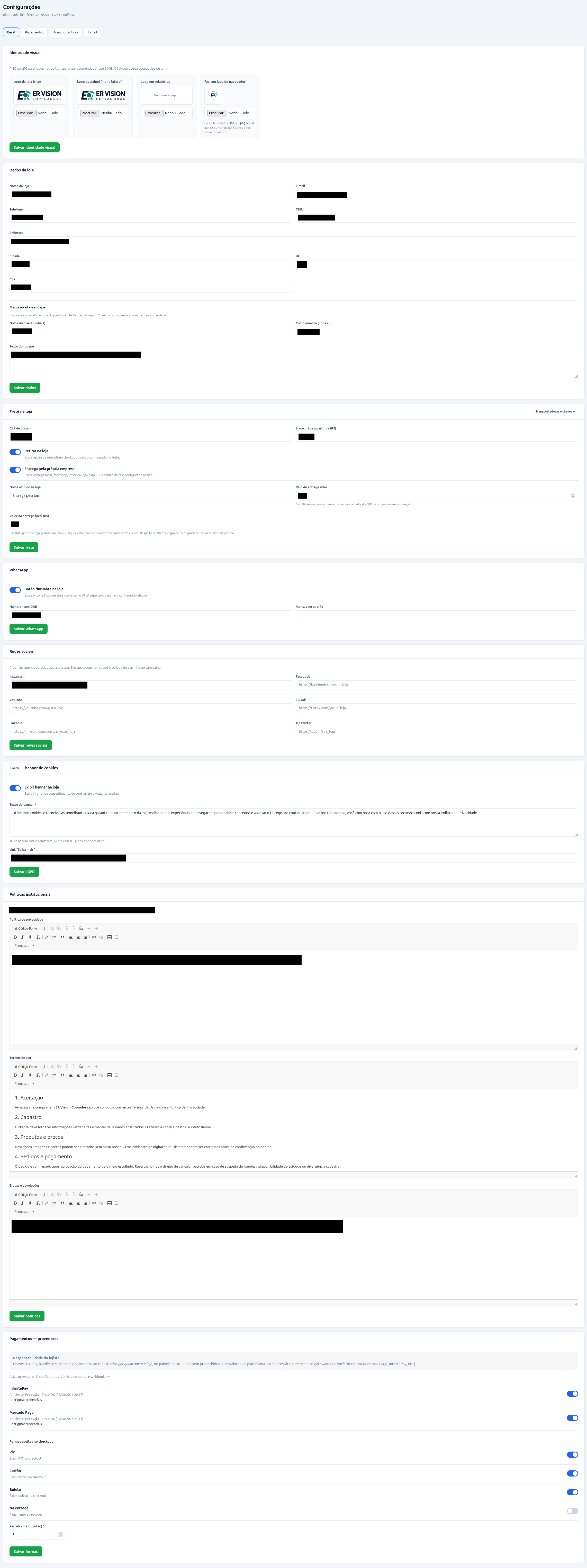 Configurações gerais do forgeCommerce