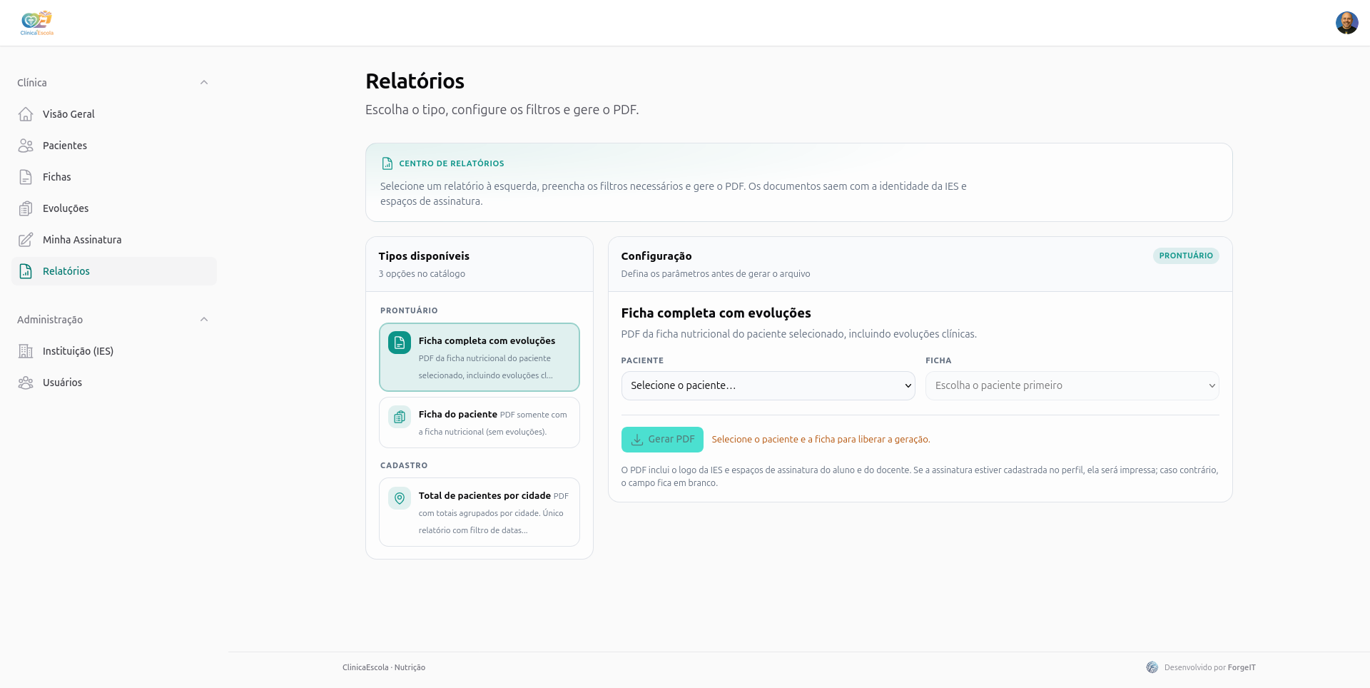Módulo de relatórios da Clínica Escola Nutrição