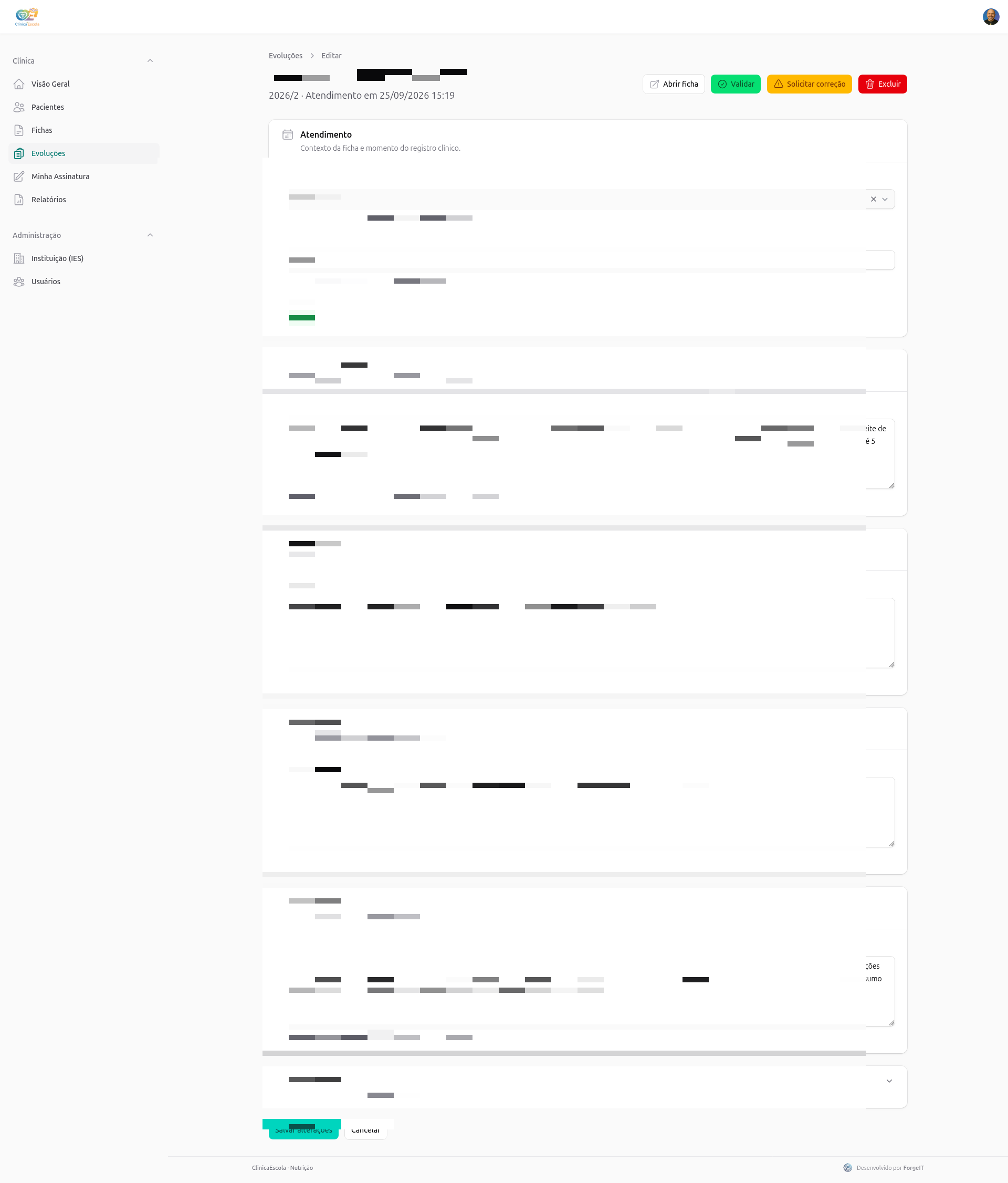 Lista de evoluções da ficha com status de validação